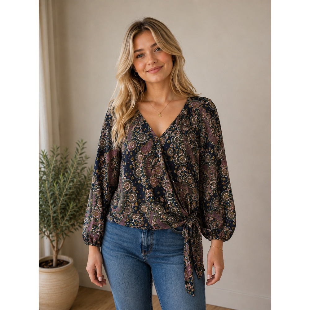 Point Sur Wrap Top Women Medium Navy Paisley Floral Tie Waist 3/4 Sleeve Luxury